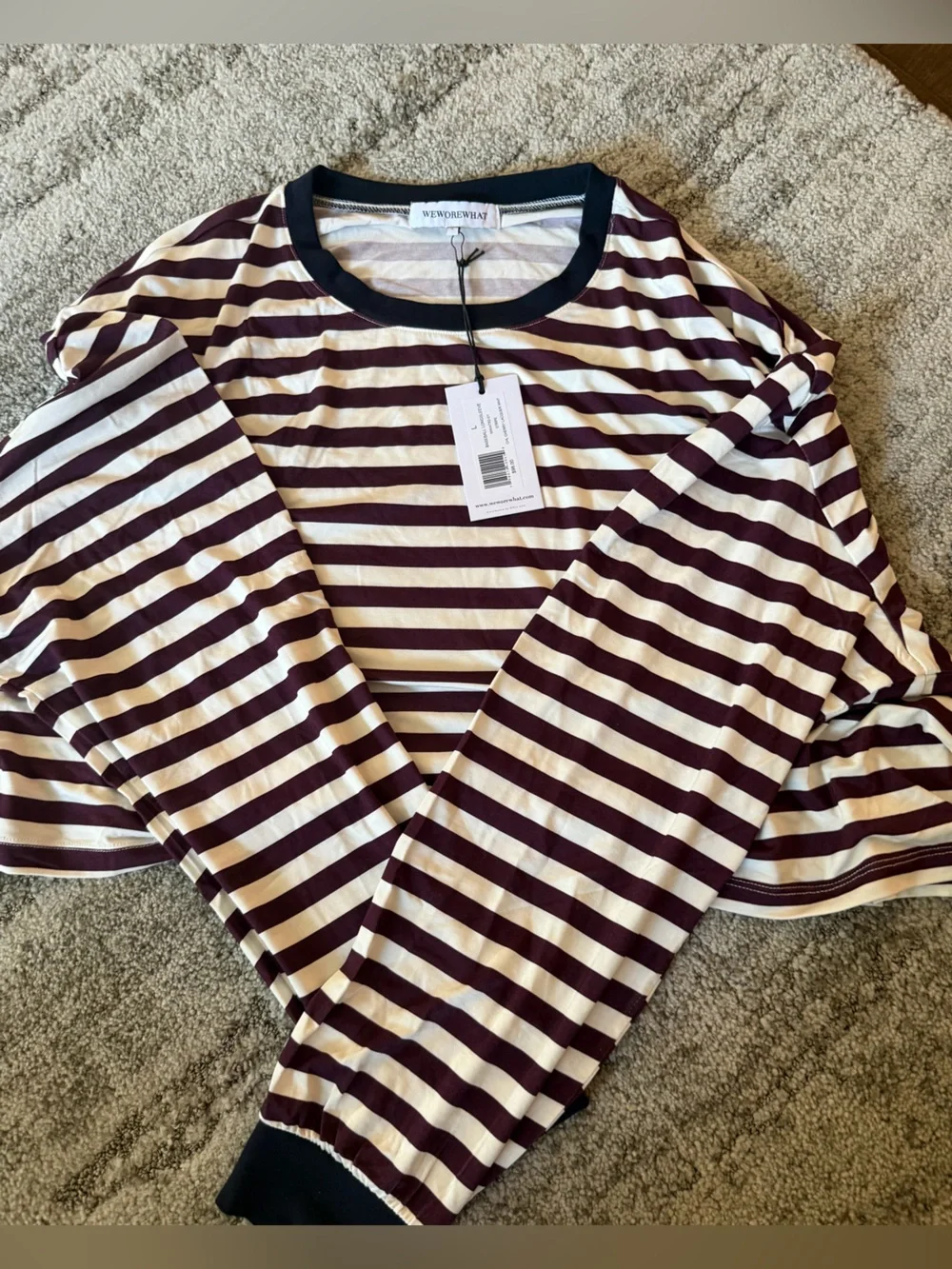 WeWoreWhat Burgundy and Cream Striped Cropped Long-Sleeve Top NWT - Picture 2 of 4